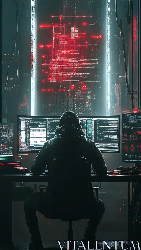 Midnight coder at neon screens in a humming cyber lab.