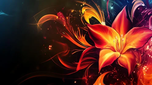 Fiery orange lily blooms amid swirling neon light trails