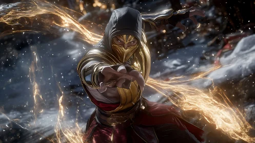 Dynamic 3D warrior portrait with luminous energy trails.