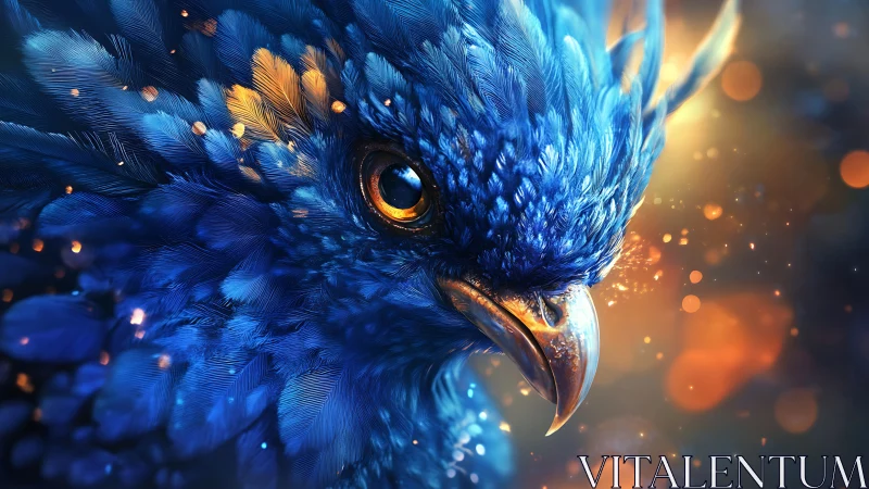 Vivid Blue Bird Close-Up in Magical Light, Digital Art Style.