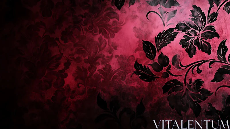 Ornate crimson damask wallpaper with grunge floral overlay.