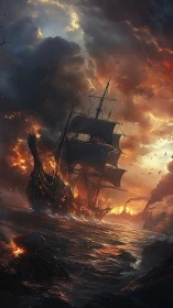 Fiery twilight voyage with a proud ship braving the storm.