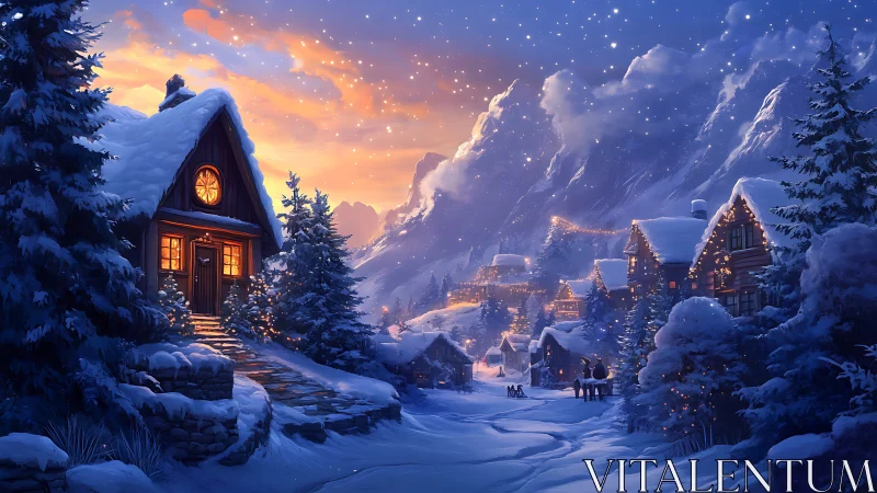 Snowy alpine village glows under a starlit winter sky.