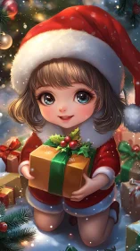 Cute chibi girl in Santa outfit holding glowing gift box.