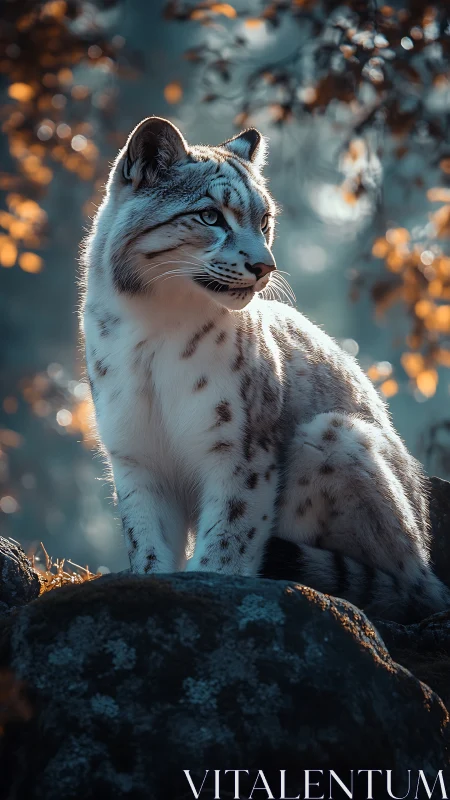Juvenile snow leopard on lichen rock, cool bokeh forest light