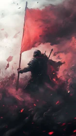 Lone war-banner bearer carving path through crimson storm.