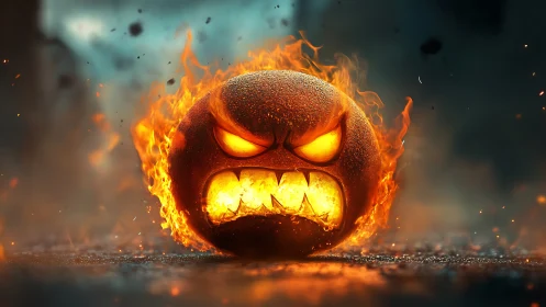 Flaming angry emoji sphere blazes in a dramatic inferno