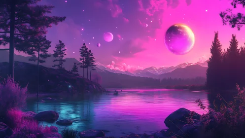 Dreamy violet lake glows beneath a magical cosmic sky