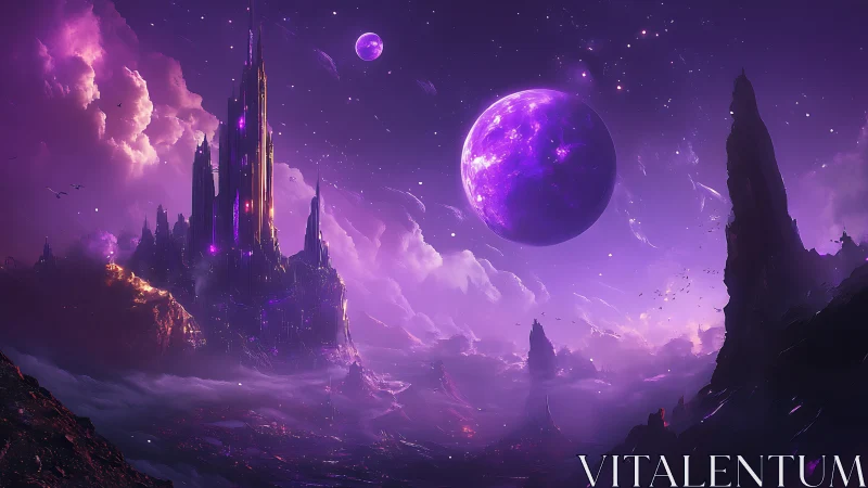 Spectral exoplanet skyline with luminous spire fortress at dusk.