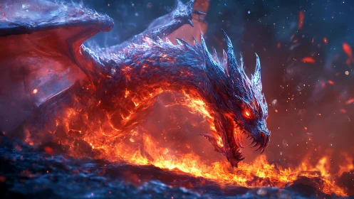 Molten fire dragon charging through erupting inferno.