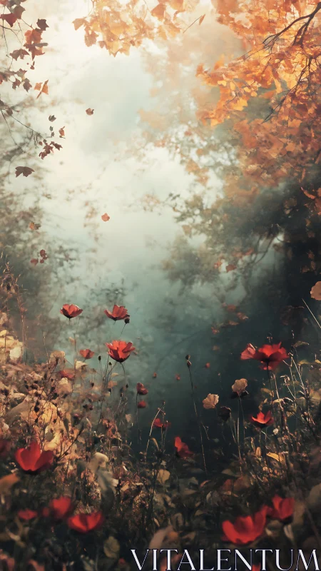 Autumn forest glade with red wildflowers and drifting leaves.