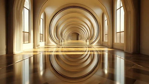 Parametric golden arcade with mirrored floor reflection symmetry