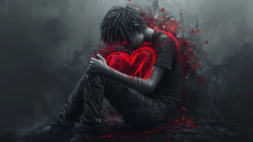 Young soul cradling a glowing red heart in quiet sorrow.