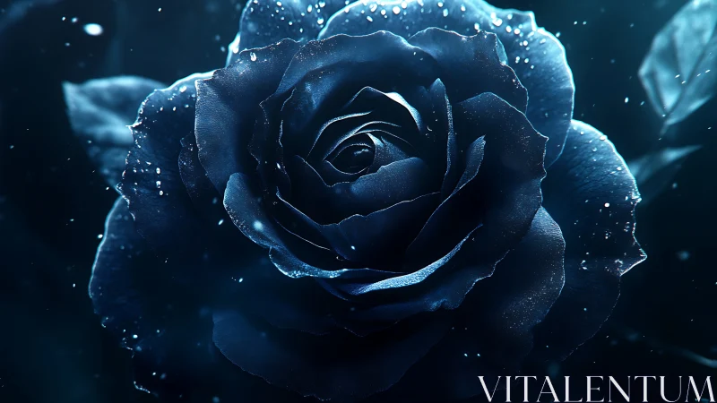 Deep blue rose with crystalline dewdrops rendered using luminescent digital effects.