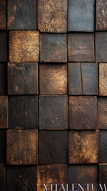Rustic wooden square panel wall with rich textured blocks.