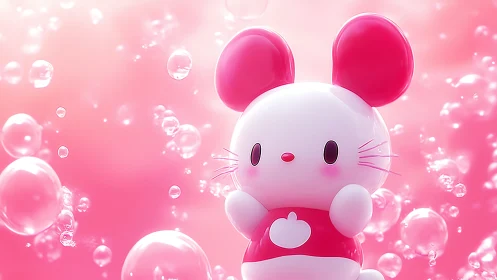Pink toy mouse character in soft floating bubbles scene.