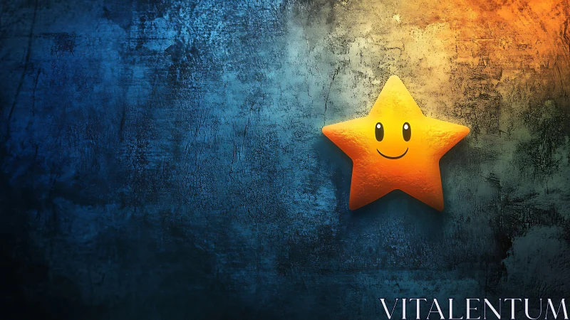Smiling yellow star glows against textured blue wall