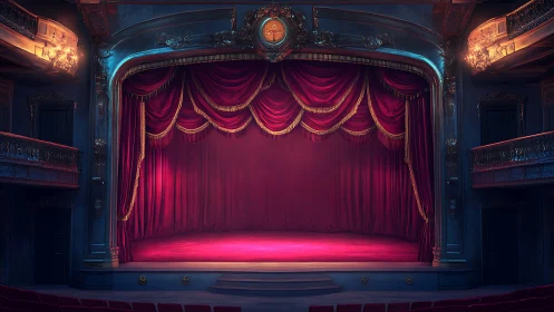 Proscenium stage with draped red velour curtain lighting study.
