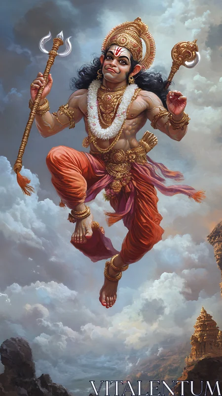 Mythic monkey deity warrior leaping across cloudy sky.