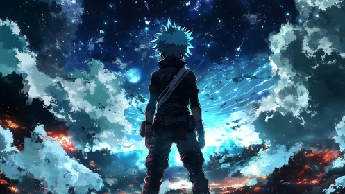 Silhouetted figure observing star-filled sky and clouds.