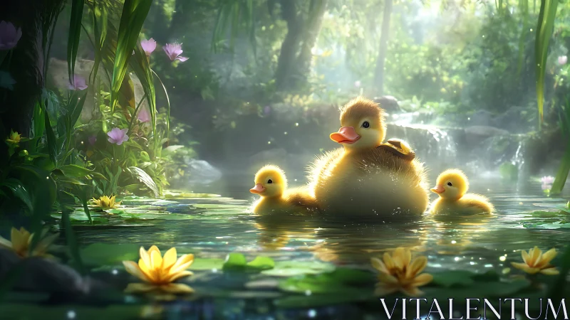 Sunlit duckling flotilla drifting through lily-soft morning.