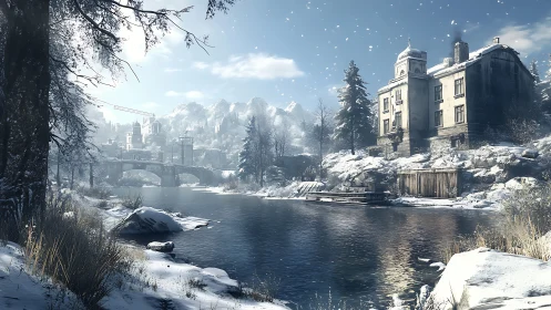 A Winter's Peaceful Retreat by the Frozen River.