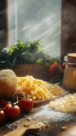 Rustic kitchen still life with fresh pasta and tomatoes.