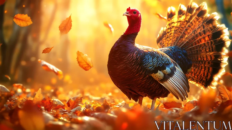 Autumn forest turkey under volumetric backlight and leaf motion.