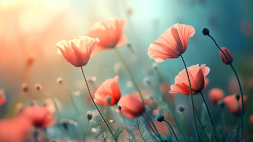 Red poppies in soft focus sunlight with green stems and buds.