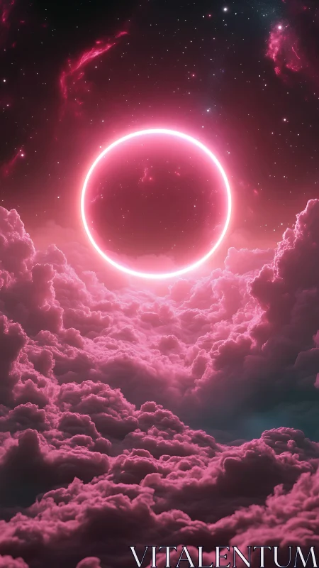 Luminous neon ring hovers above volumetric pink storm clouds