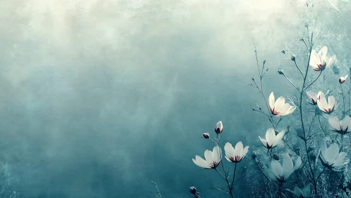 White blossoms grow against soft teal textured background
