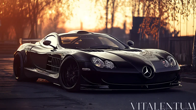 Sleek black supercar basking in soft golden sunset light.