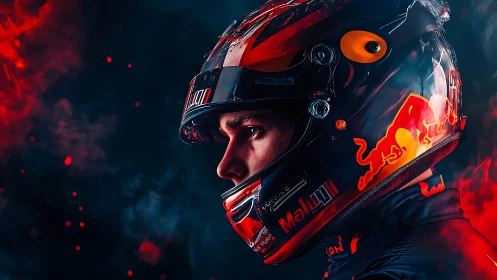 Side-profile motorsport helmet portrait in neon combustion palette.