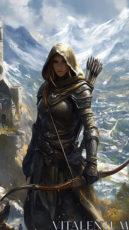 Hooded archer in leather armor before snowy mountain valley.