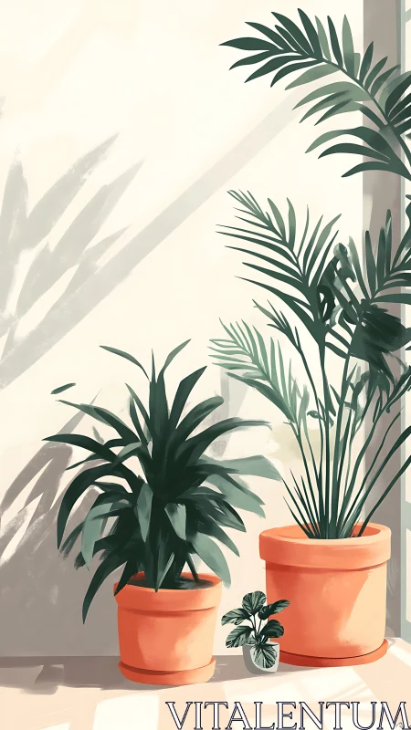 Sunlit potted tropical foliage in terracotta planters indoors