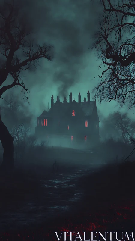 Fog-shrouded gothic mansion with red lumen windows and silhouettes