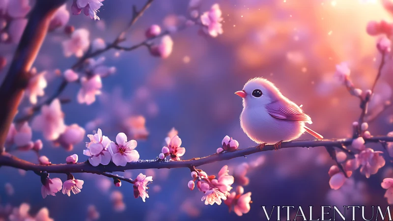 Blushing songbird pauses on cherry branch at pastel sunrise