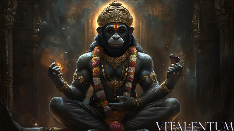 Simian deity meditating in ornate temple with cinematic lighting