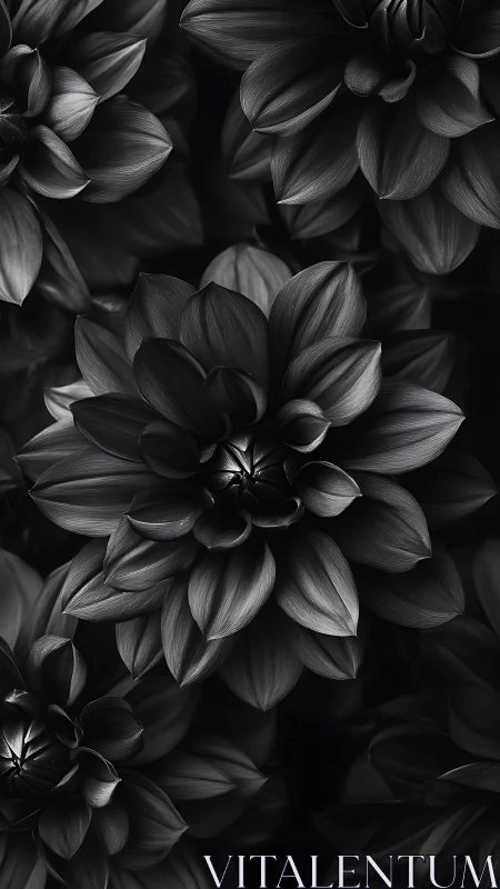 Black and white photograph of layered dahlia blooms arranged vertically