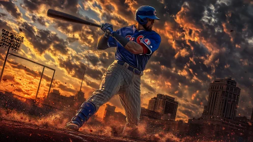 Dynamic digital painting of baseball hitter against fiery skyline.