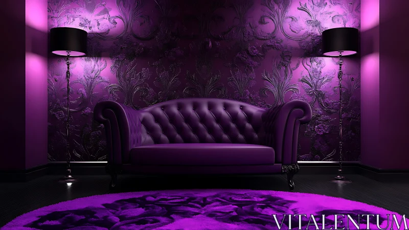 Purple tufted sofa in symmetric interior with lamps and rug.