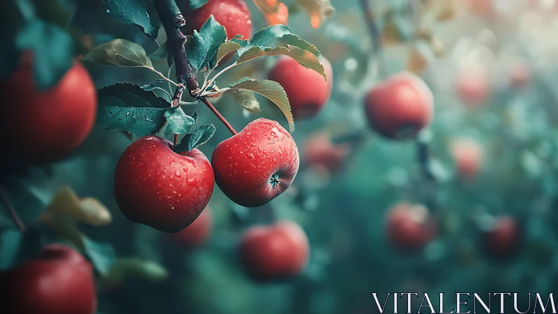 Ripe red apples on tree branches in shallow focus orchard.