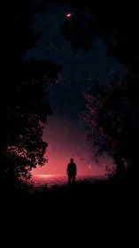 Silhouette observing red horizon under starry night sky.
