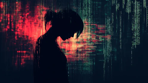 Silhouetted profile merges with glitching red data stream matrix