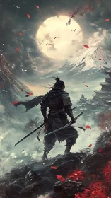 Lone samurai confronts moonlit peaks in a storm of falling petals