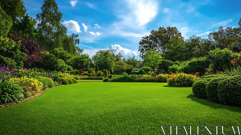 Sunlit garden lawn welcomes you with vibrant summer color