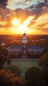 Sunset rays over neoclassical brick campus hall and cupola tower