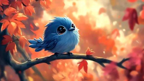 Cute blue cartoon bird on autumn branch, whimsical digital art.