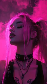 Neon magenta portrait isolates soft rim lighting on punk model