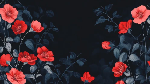 Red flowers against dark foliage, botanical digital illustration.